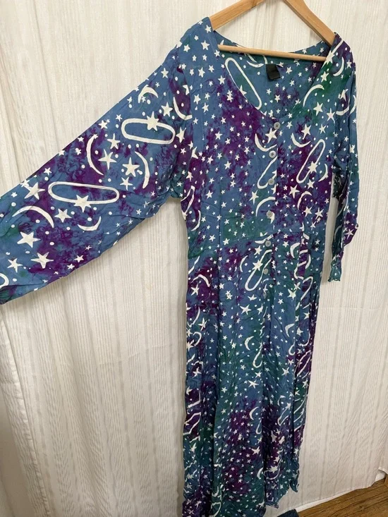 VINTAGE💥 Trade Wind Rayon Long Sleeve Maxi Button Celestial Dress - Picture 6 of 8